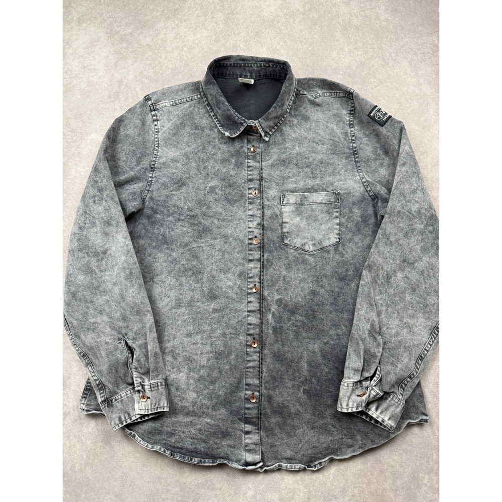 Zumba Wear Marvelous Dark Gray Black Acid Wash Denim Shirt Graphic Women L